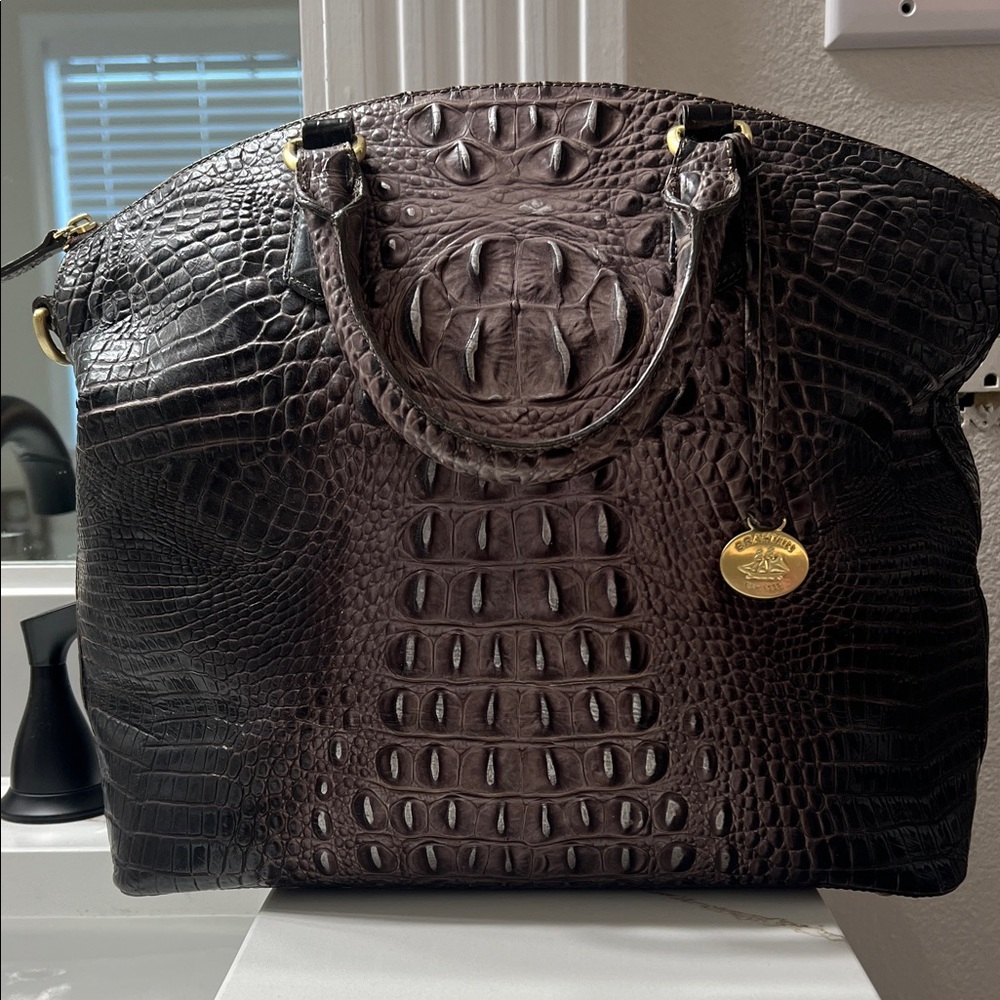 Brahmin Pewter Croc-Embossed Satchel